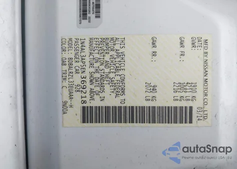 2014 Nissan Altima 2.5 S z USA, uszkodzony, nr VIN 1N4AL3AP5EN369218